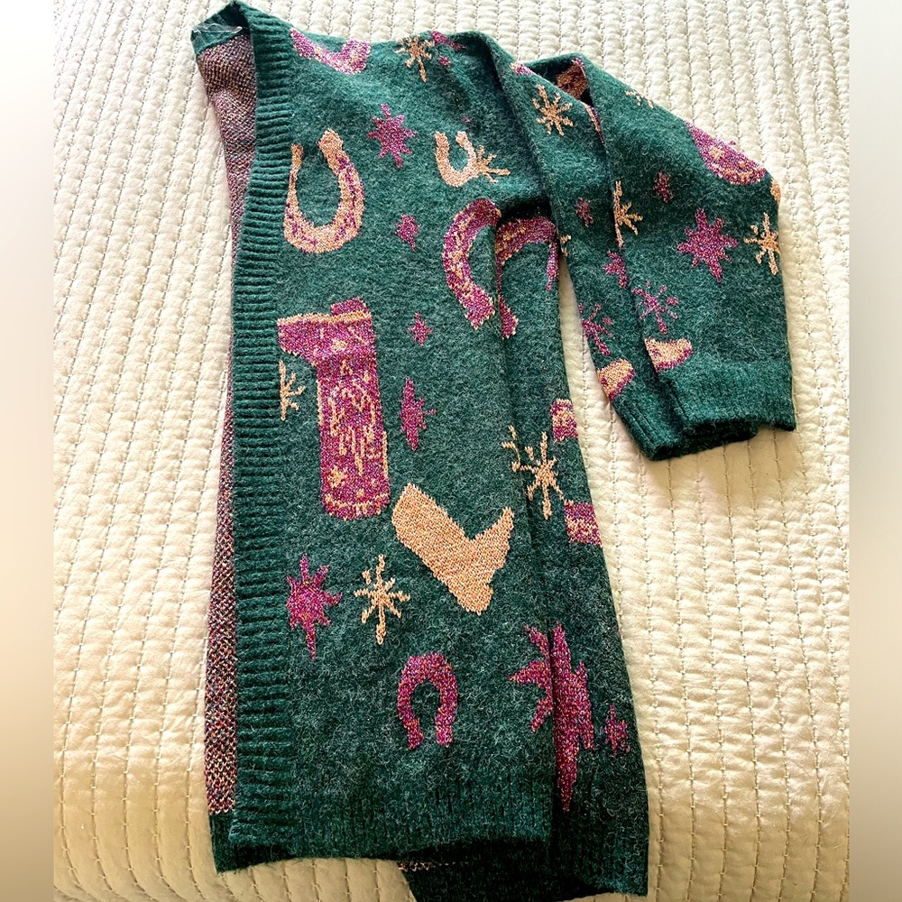 NWOT Entro Cowgirl print Long Open Front Cardigan - Sz Small